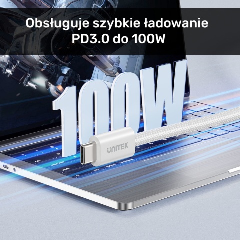 Unitek Kabel USB C PD 100W magnetyczny 1m biały pleciony