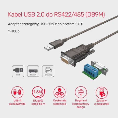 Unitek Konwerter Adapter USB 2.0 do RS422 RS485 DB9M 1.5m stabilny FTDI