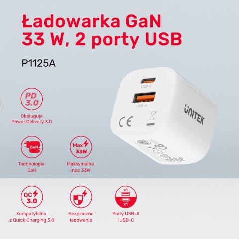 Unitek Ładowarka sieciowa 33W USB C USB A PD QC szybka kompaktowa biała