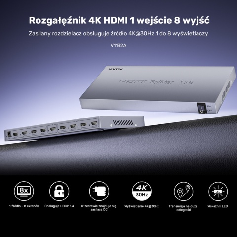 Unitek Rozdzielacz HDMI 4K 1x8 wydajny do wielu ekranów