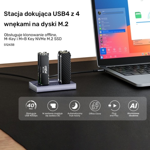 Unitek USB4 4-kieszeniowa stacja dokująca M2 SSD klonująca NVMe 40Gbps