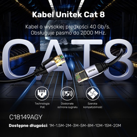 Unitek kabel Ethernet Cat 8 5m RJ45 SFTP ekranowany szybki LAN