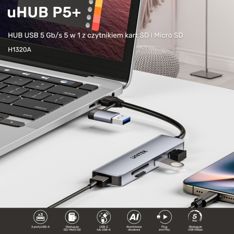 Unitek uHUB P5+ Hub 5w1 USB-C USB-A 5Gbps z czytnikiem SD microSD