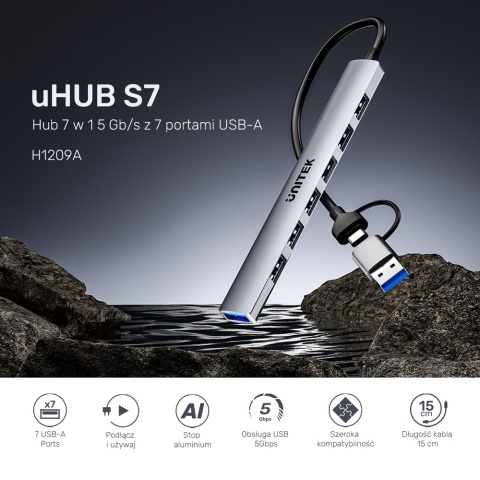 Unitek uHUB S7 Hub 7w1 USB A USB C 5Gbps kompaktowy szary