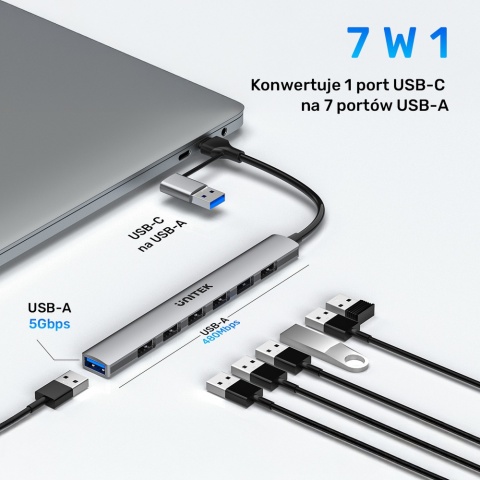 Unitek uHUB S7 Hub 7w1 USB A USB C 5Gbps kompaktowy szary