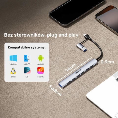 Unitek uHUB S7 Hub 7w1 USB A USB C 5Gbps kompaktowy szary