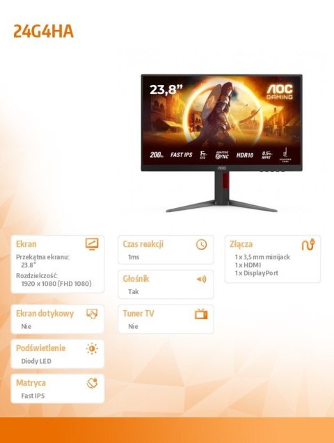 AOC Monitor 24G4HA 23.8 cala Fast IPS 200Hz HDMIx2 DP Pivot Głośniki