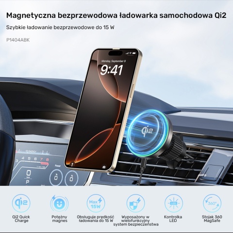 Uchwyt samochodowy Unitek 38W Qi2 magnetyczny ładowarka 15W wydajny lekki
