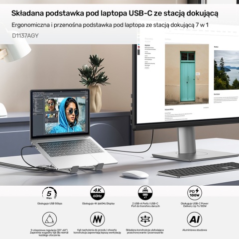 Unitek D1137A Podstawka pod laptopa regulowana składana z hubem HDMI PD 4K