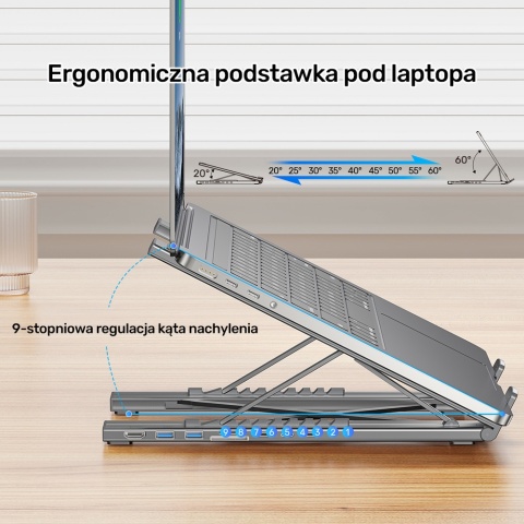 Unitek D1137A Podstawka pod laptopa regulowana składana z hubem HDMI PD 4K