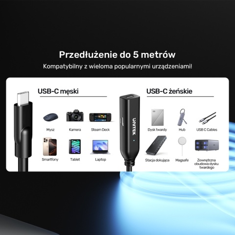 Unitek Kabel przedłużający USB-C 10 Gbps 5m czarny 100W PD aktywny