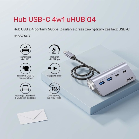 Unitek UHub Q4 Hub USB C USB A 4 porty 5Gbps kompaktowy aluminiowy lekki