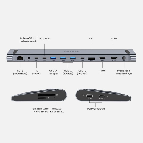 Unitek UHub15+ Stacja dokująca KVM 3x 4K USB-C HDMI 100W
