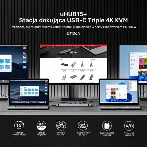 Unitek UHub15+ Stacja dokująca KVM 3x 4K USB-C HDMI 100W