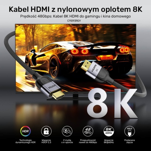 Unitek przewód HDMI 2.1 8K LUX 3M oplot nylonowy gamingowy