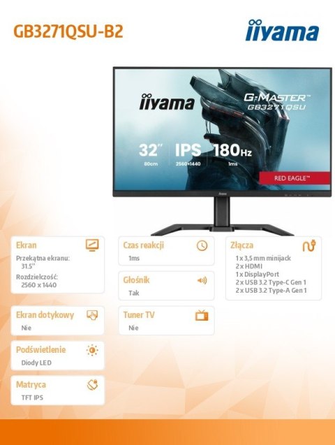 IIYAMA Monitor 31.5 cala GB3271QSU-B2 1ms,IPS,180Hz,2x HDMI,DP,400cd,FreeSync QHD,2x USB(3.2),2x USB-C,2x 4.5W,HAS-150mm