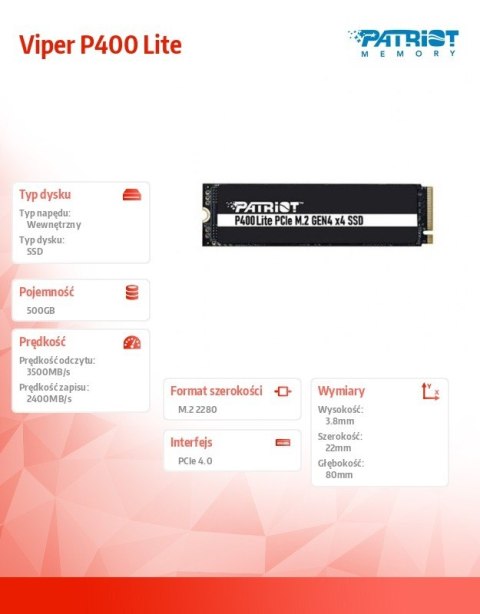Patriot Dysk SSD 500GB Viper P400 Lite 3500/2400MB/s PCIe M.2 Gen 4x4 NVMe1.4