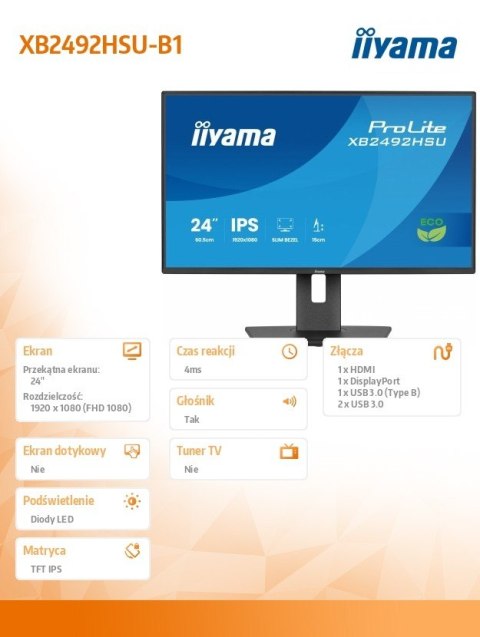 IIYAMA Monitor 24 cali XB2492HSU-B1 IPS,FHD,HDMI,DP,120Hz,300cd,4ms, cienkie ramki, 1500:1, ErP B, USB HUBx2