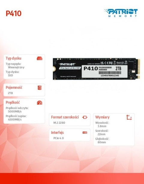 Patriot Dysk SSD 2TB P410 PCIe M.2 Gen4 x4 NVMe 1.4 2280 5000/4500MB/s