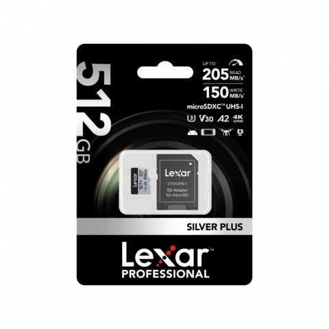 Lexar Karta pamięci microSD 512GB C10 A2 U3 V30 205/150MB/s Silver Plus
