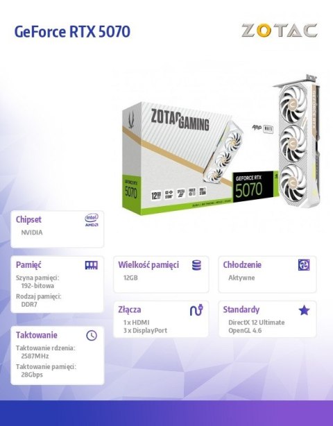 ZOTAC Karta graficzna GeForce RTX 5070 AMP 12GB GDDR7 192bit 3DP/HDMI biała