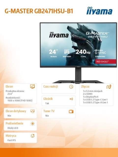 IIYAMA Monitor 23,8 cala GB2471HSU-B1 IPS,FHD,240Hz,2xHDMI,DP,1xUSB 3.2, 1xUSB C, Adaptive G-SYNC - 1920 x 1080 @48-240Hz DisplayP