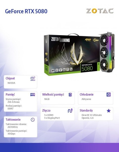 ZOTAC Karta graficzna GeForce RTX 5080 AMP EXTREME INFINITY 16GB GDDR7 256bit 3DP/HDMI