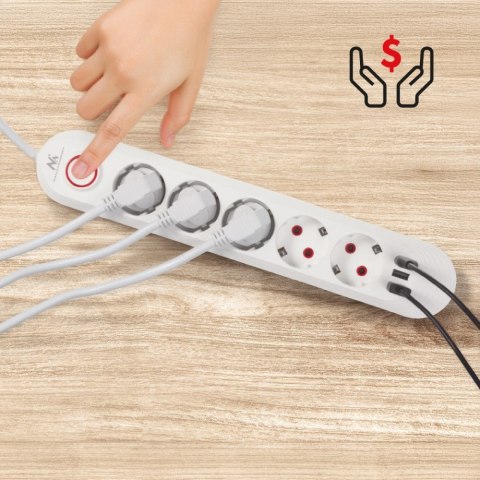 Maclean Listwa zasilająca 5 gniazd MCE395 W 3xUSB, 110-240v AC 50/60Hz, 2,1A max 2500W, biała