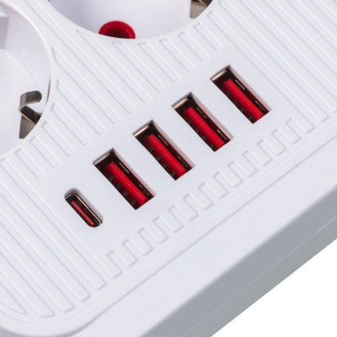 Maclean Listwa zasilająca MCE389 W 6 gniazd 4xUSB-A 1xUSB-C 110-240V, AC 50/60Hz, 2.1A max 2500W biała