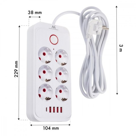 Maclean Listwa zasilająca MCE391 W 6 gniazd 4xUSB-A 1xUSB-C 110-240V AC 50/60Hz, 2.1A max 2500W, biała