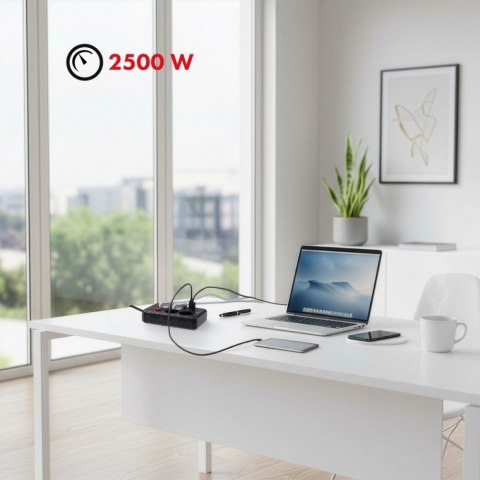 Maclean Listwa zasilająca MCE393 B 4 gniazda 3xUSB 110-240V AV 50/60Hz 1A max 2500W 3m czarna