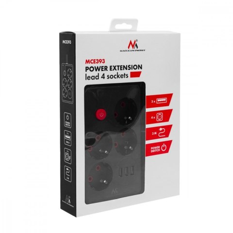 Maclean Listwa zasilająca MCE393 B 4 gniazda 3xUSB 110-240V AV 50/60Hz 1A max 2500W 3m czarna