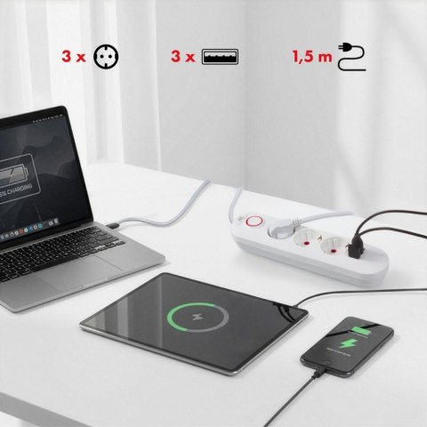 Maclean Listwa zasilająca MCE394 W 3 gniazda 3xUSB, 110-240V AC 50/60, 2.1A max 2500W, biała