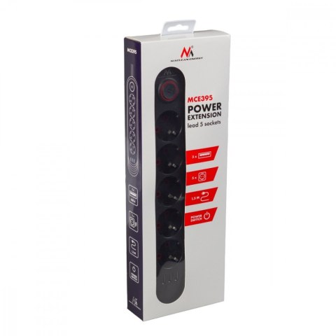 Maclean Listwa zasilająca MCE395 B 5 gniazd 3xUSB, 110-240V AC 50/60Hz, 2.1A max 2500W, czarna
