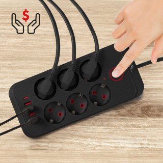 Maclean Listwa zasilająca MCE391 B 6 gniazd 4xUSB-A 1xUSB-C, 110-240V AC 50/60Hz, 2.1A max 2500W, czarna