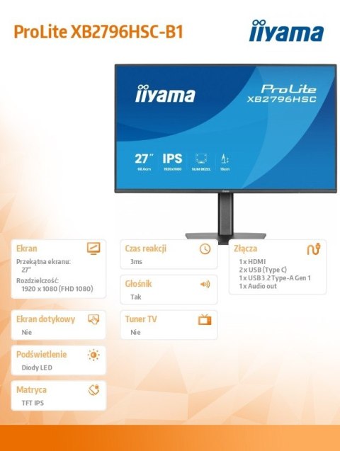 IIYAMA Monitor 27 cali XB2796HSC-B1 IPS,FHD,HDMI,USB-C (PD 65W),144Hz, 1xUSB 3.2 , 1xUSB-C, 2x2W, HAS 150/PIVOT/obrót stopy 360st
