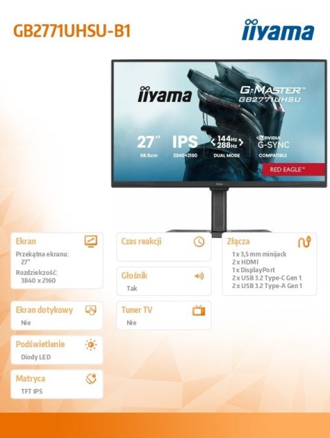 IIYAMA Monitor 27 cali GB2771UHSU-B1 4K 144Hz FHD 288Hz, 450cd, 2x2W, HAS 150, PIVOT