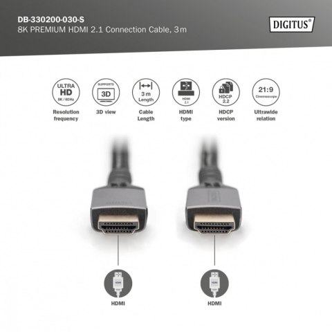 Digitus Kabel Premium połączeniowy HDMI 2.1 Ultra HighSpeed 8K60Hz UHD Typ HDMI A/A M/M 3m Czarny