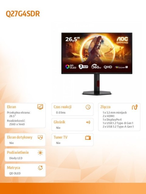 AOC Monitor 26.5 cala Q27G4SDR QD-OLED 360Hz HDMIx2 DP Pivot