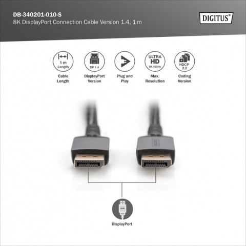 Digitus Kabel połączeniowy PREMIUM DisplayPort 8K60Hz UHD DP/DP M/M 1m Czarny