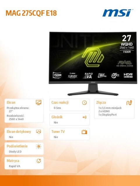 MSI Monitor MAG 275CQF E18 27 cali LED/WQHD/LED/Curved/180Hz/czarny