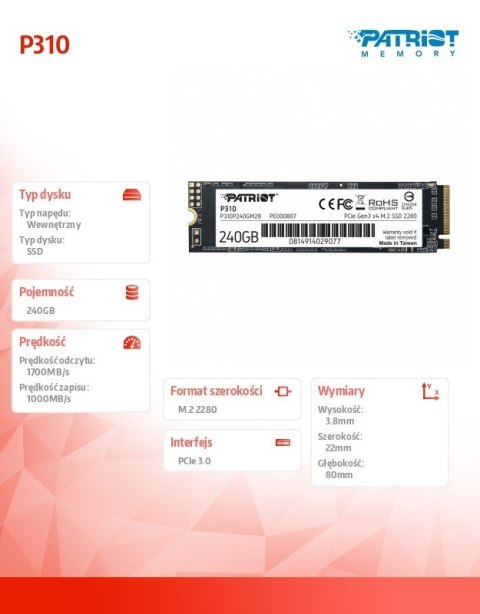 Patriot Dysk SSD P310 240GB M.2 2280 1700/1000 PCIe NVMe Gen3 x 4