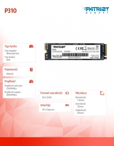 Patriot Dysk SSD P310 960GB M.2 2280 2100/1800 PCIe NVMe Gen3 x 4