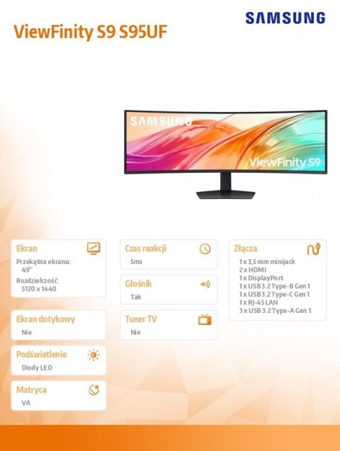 Samsung Monitor 49 cali ViewFinity S95UF VA 5120x1440 DQHD 32:9 2xHDMI 1xDP 1xUSB-C 1xUSB-B 3xUSB-A 5ms 120Hz zakrzywiony głośniki 3YOn-