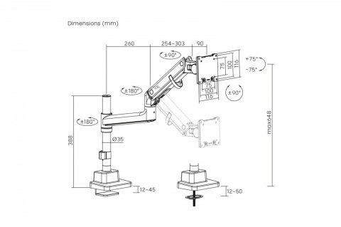 Digitus Ramię biurkowe pojedyncze z zaciskiem i sprężyną gazową 1x LCD max. 57" 27kg, VESA: 75x75, 100x100, czarne