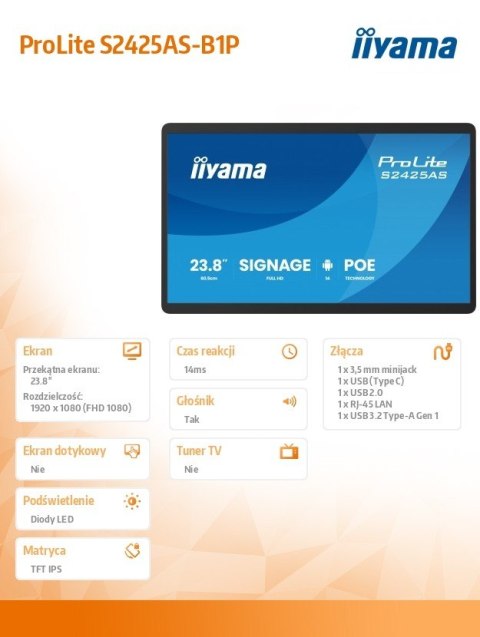 IIYAMA Monitor 23.8 cala ProLite S2425AS-B1 IPS,FHD,A14,24/7,RJ45, iiSignage, WI-FI