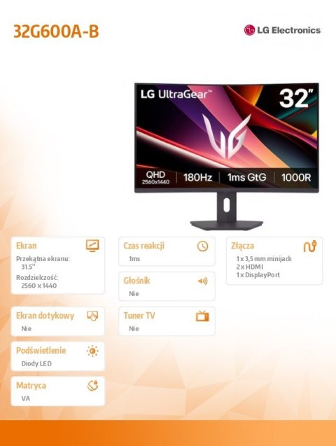 LG Electronics Monitor zakrzywiony 32 cale 32G600A-B