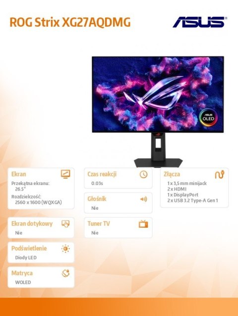 Asus Monitor 27 cali ROG Strix XG27AQDMGR ROG OLED 240Hz 0.03MS