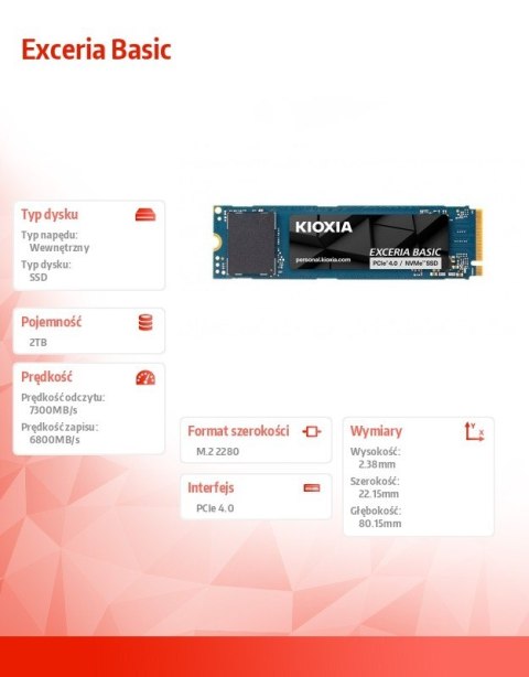 Kioxia Dysk SSD Exceria Basic 2TB NVMe PCIe 4.0 7300/6800