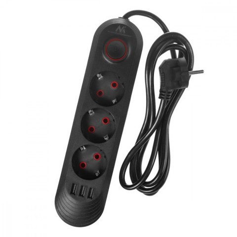Maclean Listwa zasilająca MCE394 B, 1,5m|3 gniazda + 3xUSB. 110-240V AC 50/60Hz, 2.1A max 2500W, czarna